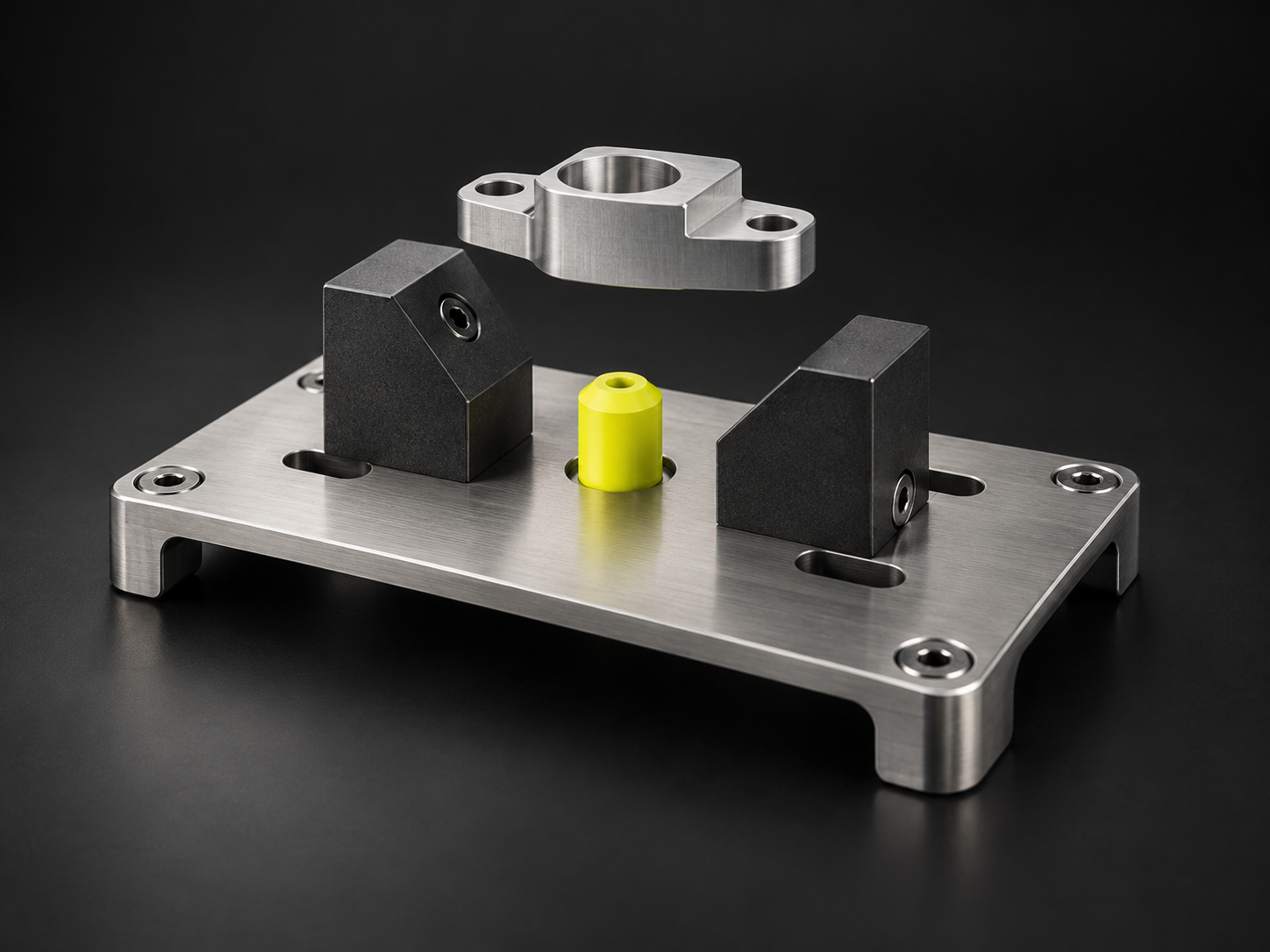 Concept of a positioning fixture with a metal base, dark locator blocks and a yellow insert. A workpiece floats above it to show how it fits.